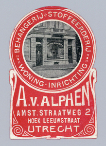 710410 Sluitzegel van A. van Alphen, Behangerij - Stoffeerderij - Woning-inrichting, Amsterdamsche Straatweg 2 - hoek ...